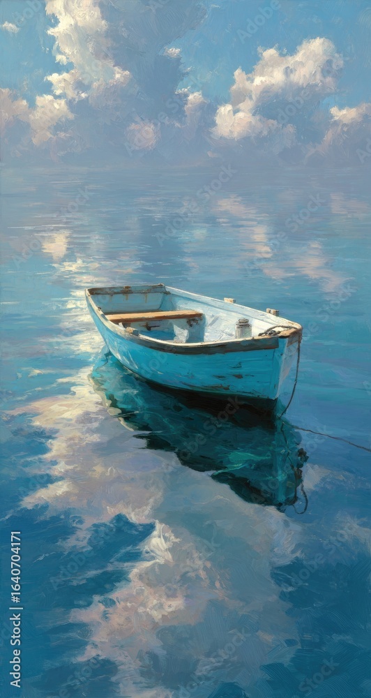 Obraz premium Tranquil blue boat on still water, mirrored clouds