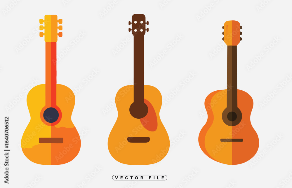 Obraz premium Set of three orange acoustic guitars with varying neck and headstock designs