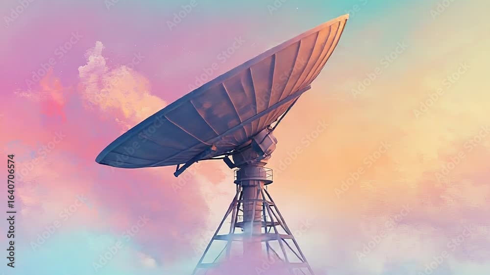 Large satellite dish exploring the universe at sunset with pastel colors Large satellite dish exploring the universe at sunset with pastel colors