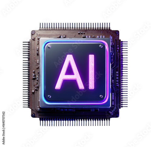AI processor chip, glowing letters, circuit board