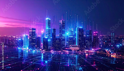 Wallpaper Mural A cityscape at night, illuminated with vibrant neon lights and digital grid overlays, reflected in the water below. Torontodigital.ca