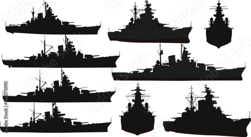 Vector silhouettes of a battleship and warship, from various side, front, and quarter views, for military and naval illustrations, black on white background.