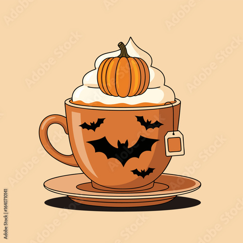 Festive Halloween teacup with a pumpkin spice drink, whipped cream, and cute bat decorations. Autumn seasonal vector illustration.