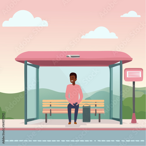 Man at Bus Stop Vector Flat, Minimalis Vector Illustration