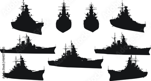 Vector silhouettes of a battleship and warship, from various side, front, and quarter views, for military and naval illustrations, black on white background.