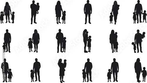 Collection of black silhouette illustrations depicting parents with their children in various standing poses, conveying family and togetherness.