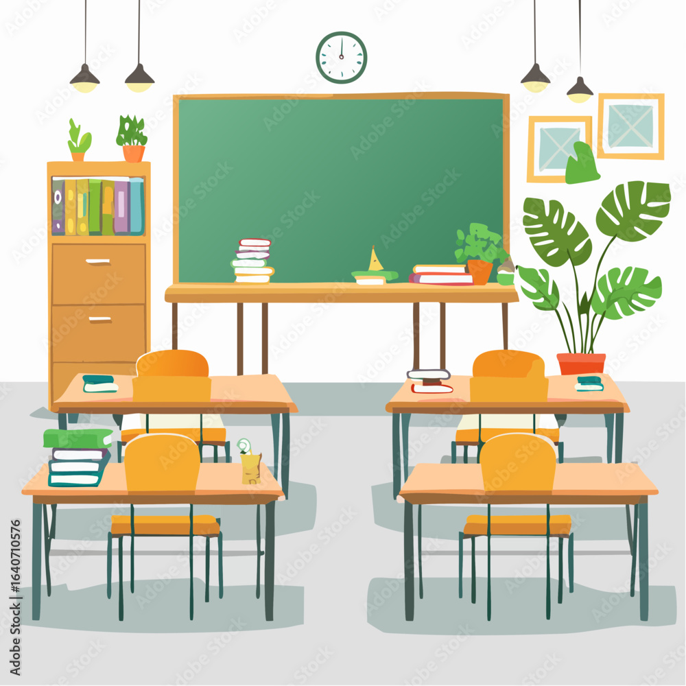 Fototapeta premium Modern classroom interior with furniture and blackboard. Flat colorful vector illustration