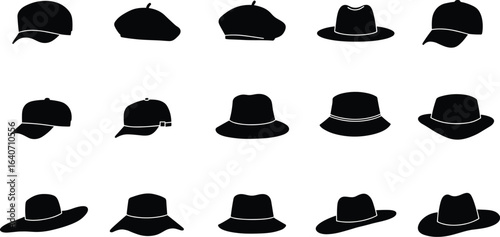 Silhouettes of various types of hats, including baseball caps, fedoras, and sun hats, perfect for fashion, accessories, and graphic design projects.