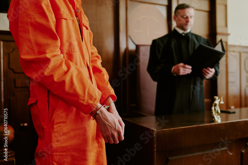 Photos Caucasian young adult man in orange jumpsuit standing in handcuffs before judge