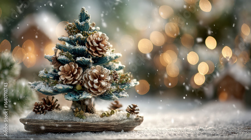 Miniature Christmas tree adorned with pinecones and snowflakes creates festive and cozy winter atmosphere