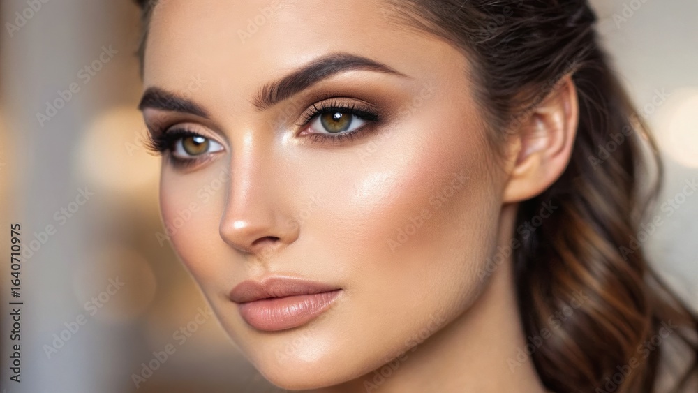 Obraz premium Close-up portrait of a woman with striking features, glowy skin, and a soft hairstyle, set against a blurred background.