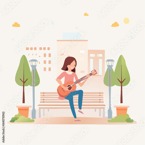 Vector Flat Minimalis Woman Playing Guitar on Park Bench