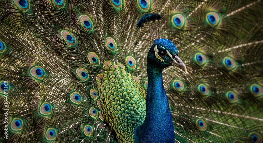 Fototapeta premium Captivating close-up of a vibrant peacock displaying its iridescent plumage and intricate feather patterns in a stunning natural pose