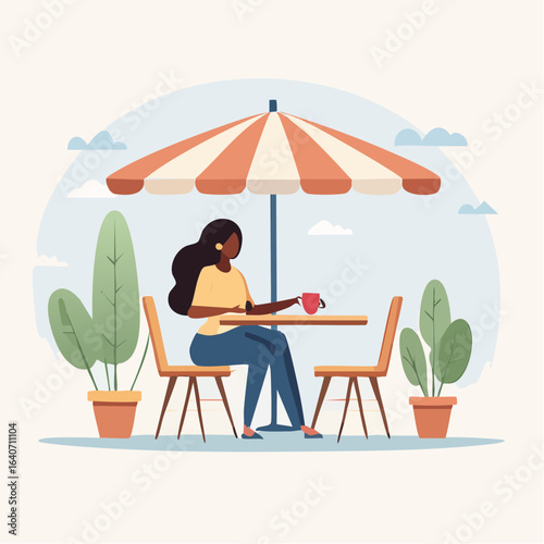 Woman at Cafe Vector Flat Minimalis, Vector Flat Illustration