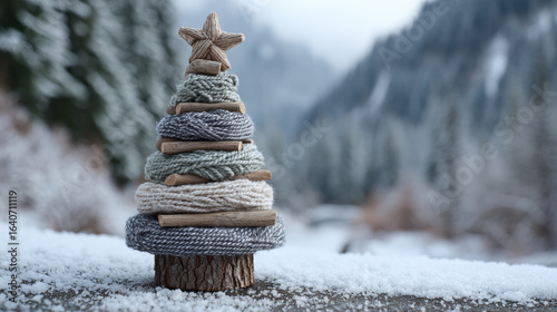 Small, handcrafted Christmas tree made of stacked wool rings and wooden pieces stands on snowy surface, with star on top