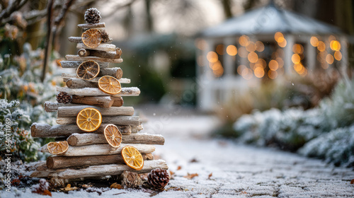 Rustic wooden Christmas tree adorned with dried orange slices and pinecones stands on snowy path, with gazebo lit by warm lights in background