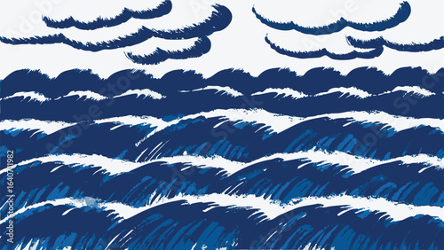 Stylized depiction of ocean waves under cloudy sky in shades of blue and white color palette