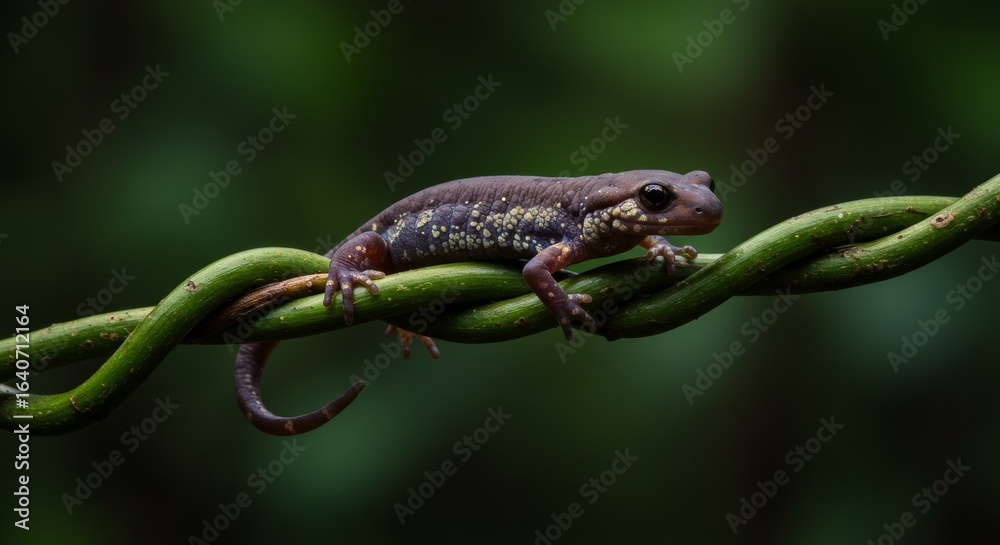 Obraz premium Delicate speckled salamander clinging to a vibrant green vine in nature