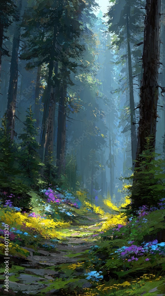 Obraz premium Misty forest path filled with wildflowers