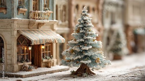 Charming miniature Christmas scene with snow covered tree and vintage buildings evokes cozy holiday atmosphere