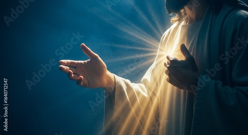 Image of Jesus Christ with outstretched hand and radiant light shining