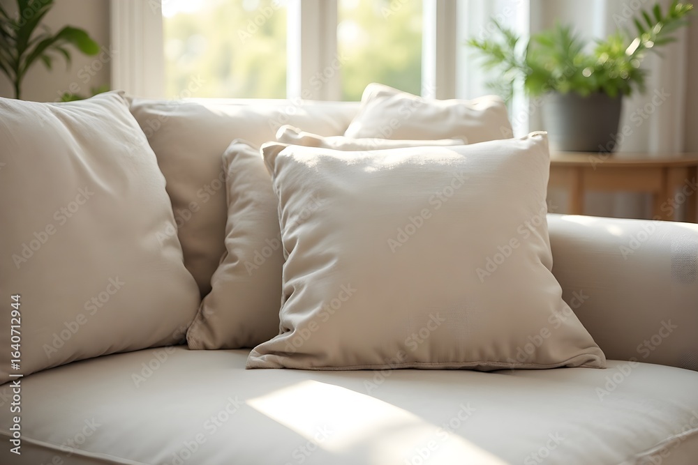 Obraz premium Close-up of soft, beige pillows arranged on a comfortable sofa in a bright, naturally lit living room.