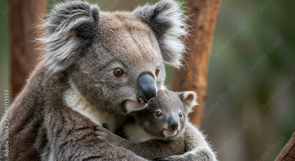 Naklejka premium A heartwarming portrait of a mother koala hugging her adorable baby joey