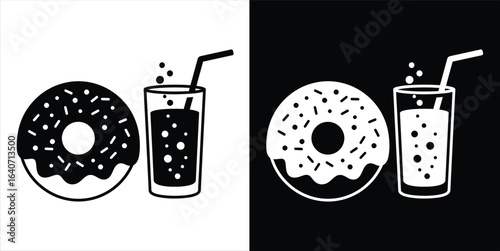 A simple black and white icon set showing a donut with sprinkles and a glass of soda with a straw.