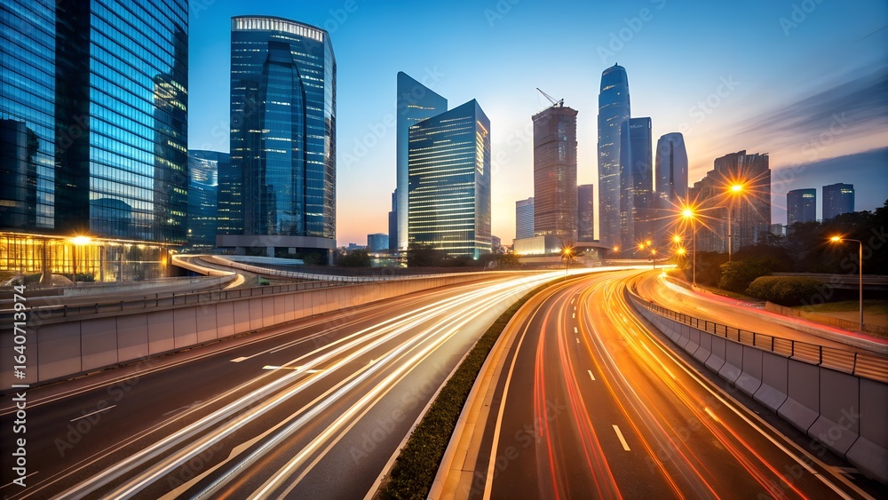Obraz premium Futuristic city skyline with glowing light trails on busy highway at night