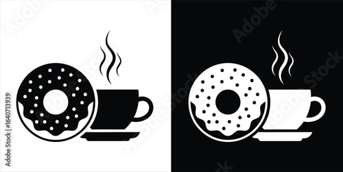 A simple graphic icon showing a donut with sprinkles next to a steaming coffee cup on a saucer
