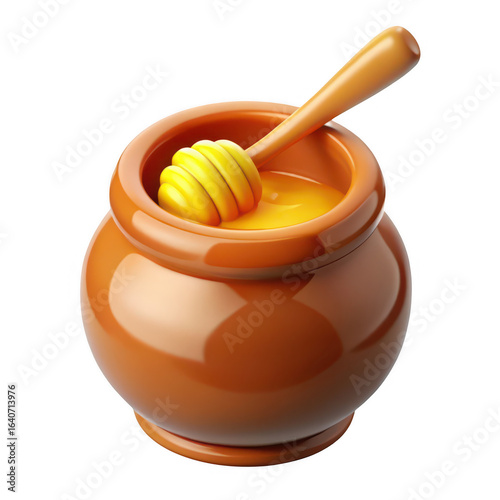 3d ceramic honey pot with wooden dipper isolated on transparent background