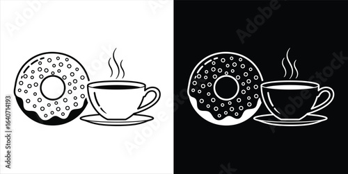 graphic illustration showing a donut with sprinkles next to a steaming cup of coffee on a saucer.