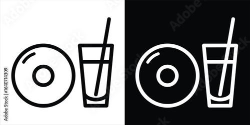 A simple line icon of a donut and a glass with a straw, representing a snack or breakfast, shown in black and white.
