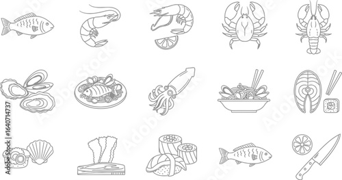 Seafood illustration, showcasing a variety of fresh and delicious marine animals, perfect for illustrating gourmet cuisine and luxury dishes