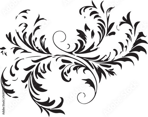 Ornate Flourish Design with Elegant Swirling Branches and Leaves for Decoration and Artistic Embellishments, Black and White Floral Design
