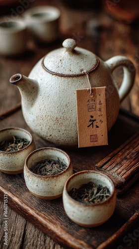 Light gray ceramic tea set on wooden tray