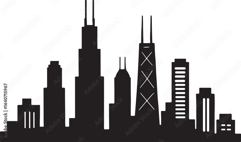 Fototapeta premium Chicago Skyline: Monochrome Cityscape Silhouette, Modern Urban Graphic
