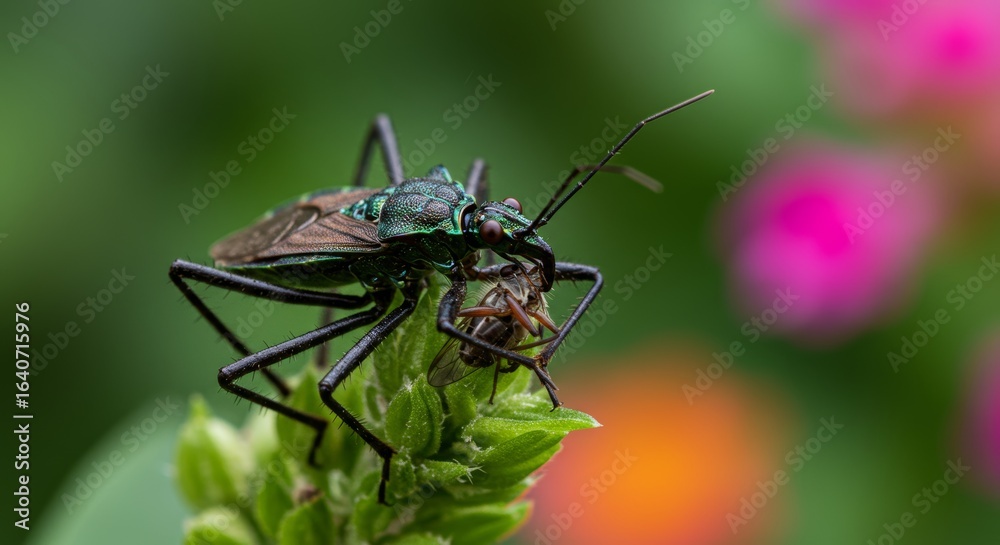 Fototapeta premium Detailed macro of an assassin bug preying on a fly in a vibrant garden