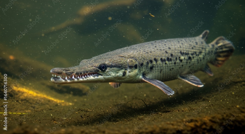 Alligator Gar close-up lurking underwater in its habitat, showcasing sharp teeth and detailed scales Alligator Gar close-up lurking underwater in its habitat, showcasing sharp teeth and detailed scales