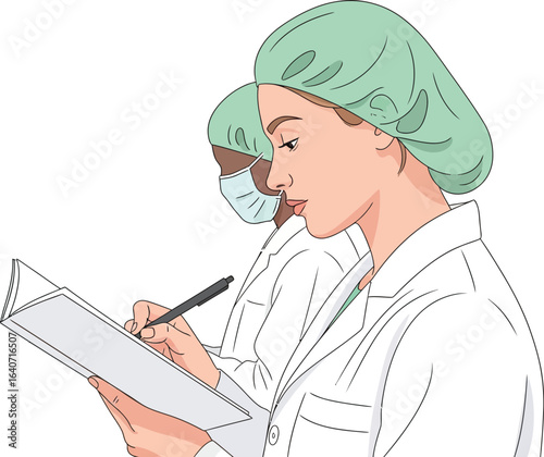 Two healthcare workers taking notes in a notebook wearing surgical caps