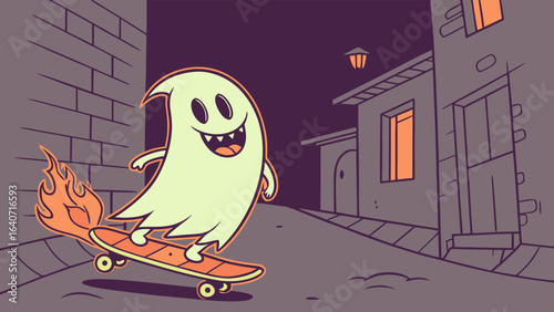 A cheerful light green ghost with a fiery tail rides a skateboard down a dark stylized street at night