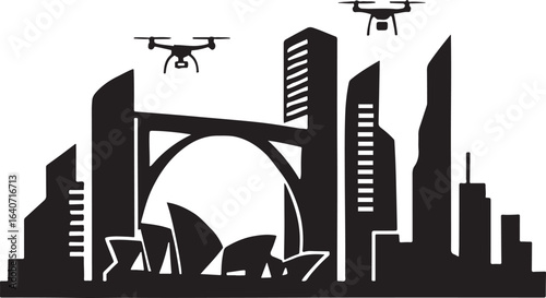 Modern City Skyline with Delivery Drones: Black and White Vector Illustration