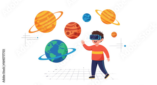 A boy exploring the solar system and planets using virtual reality headset technology during his education journey