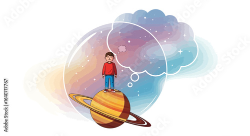 A boy on Saturn thinks of the universe a digital illustration with cosmic concepts perfect for children's books and educational materials