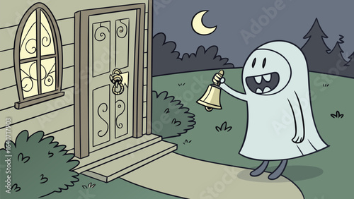 A friendly cartoon ghost rings a bell at a house door on a spooky night under a crescent moon ready for trick or treat