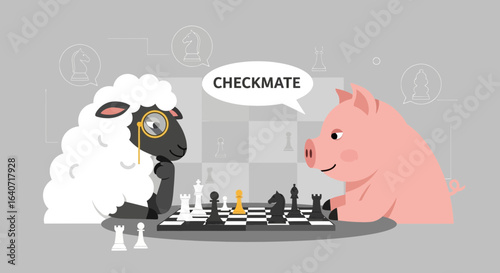 A cartoon illustration featuring a sheep and a pig playing chess with a chessboard with the text checkmate