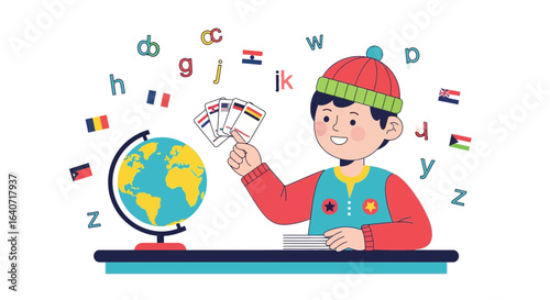 A cartoon illustration of a boy learning geography and languages with globe and flags