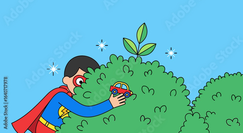 A cartoon superhero in a blue and red suit finds a toy car inside of a shrubbery landscape illustration against a vibrant blue backdrop