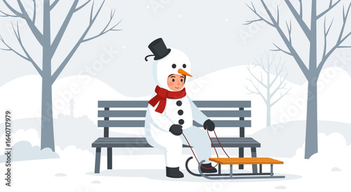 A Cartoon Snowman Sitting on a Bench in a Snowy Park Waiting to Go Sledding on a Winter Day