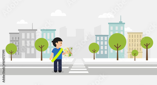 A cartoon tourist consulting a map in a cityscape with building and trees, illustrating travel and urban exploration